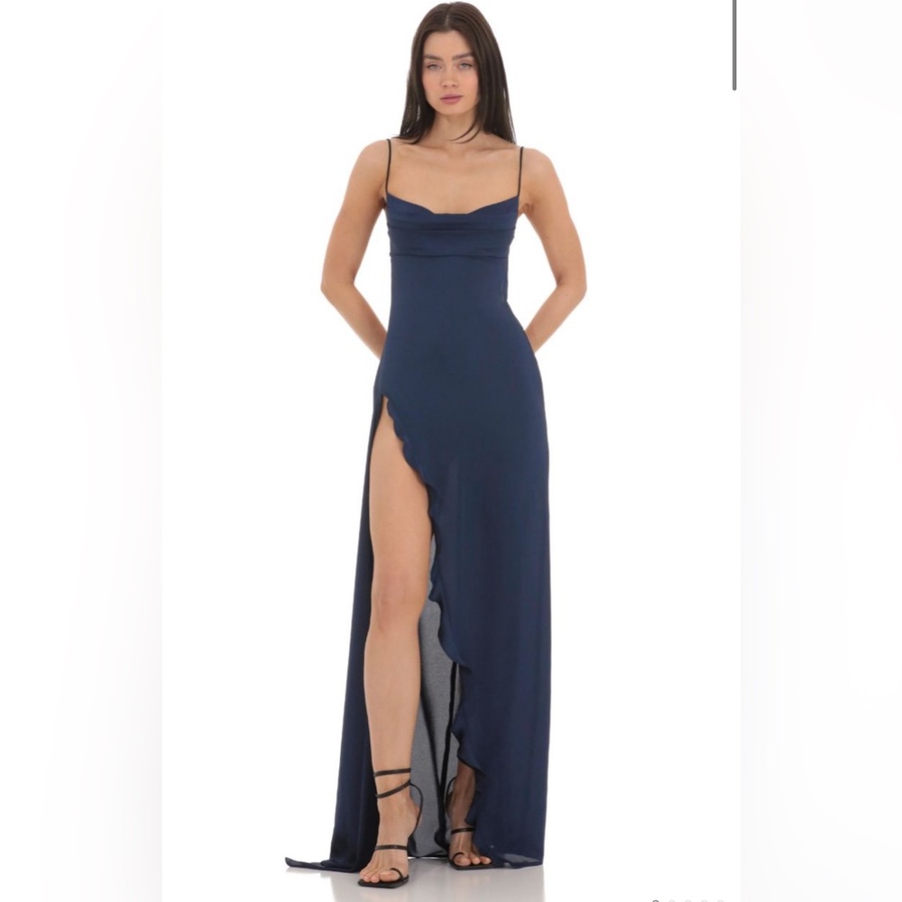 Lucy in the Sky Cowl Neck Satin Open Back Maxi Dress in Navy Size Small